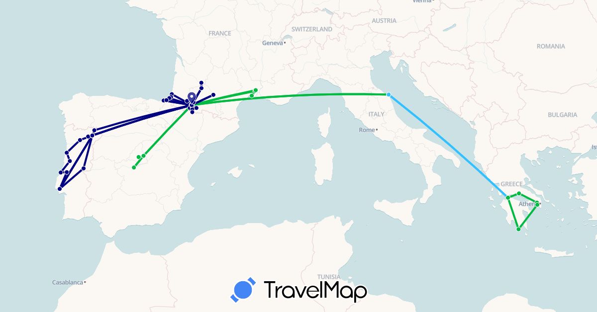 TravelMap itinerary: driving, bus, boat in Spain, France, Greece, Italy, Portugal (Europe)